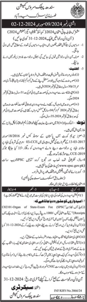 SPSC Sindh Public Service Commission Management Latest Posts Hyderabad 2024